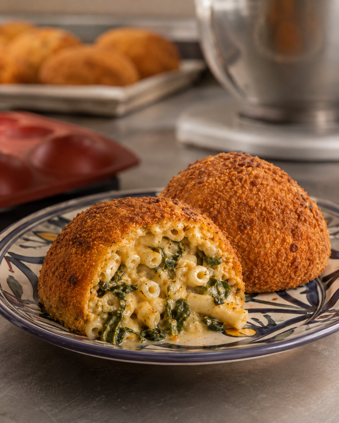 Sicilian Timballo Verde cut open showing bucatini with spinach and creamy Parmigiano