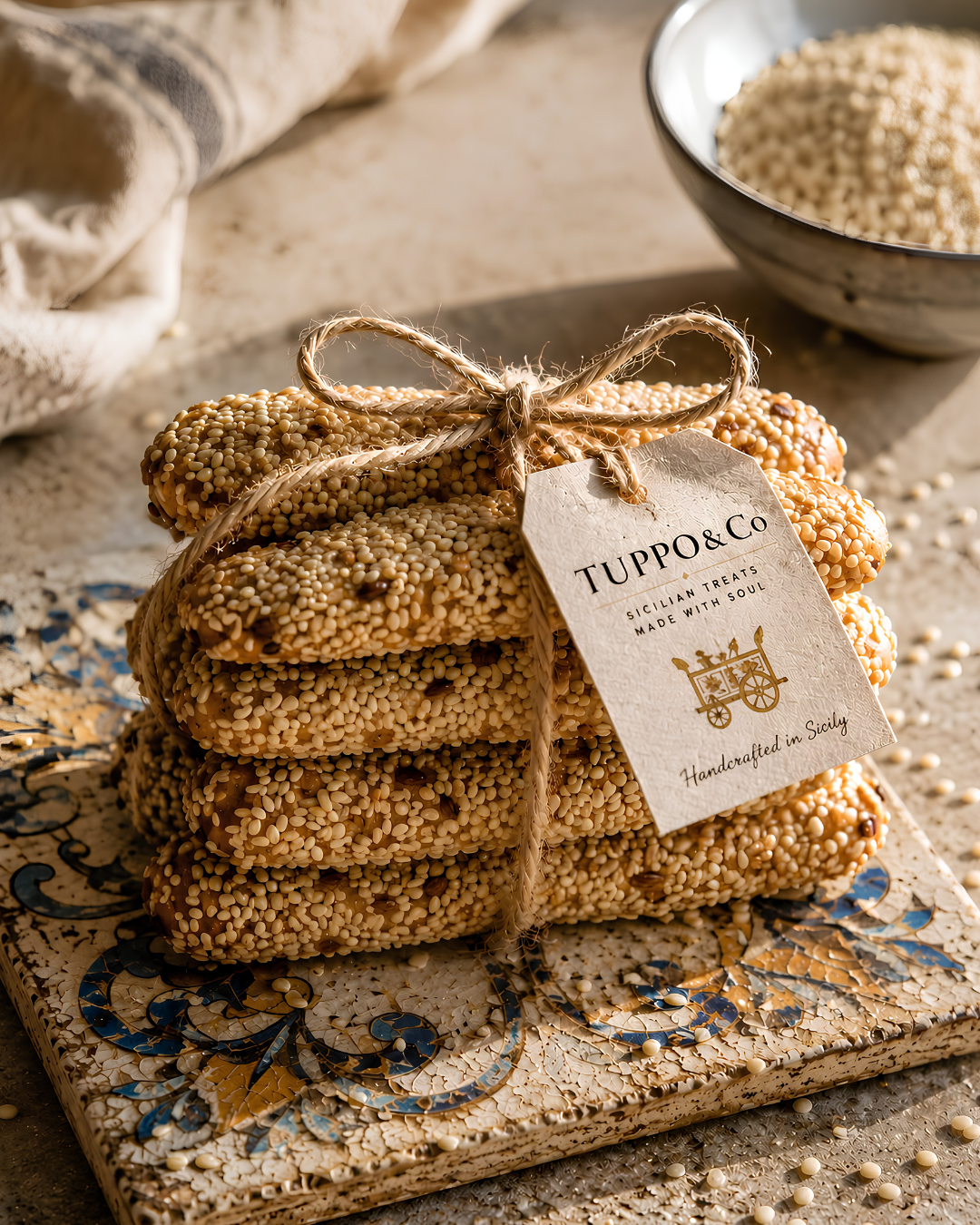 Stack of sesame reginelle biscuits tied with twine, with a Tuppo & Co tag on a Sicilian tile