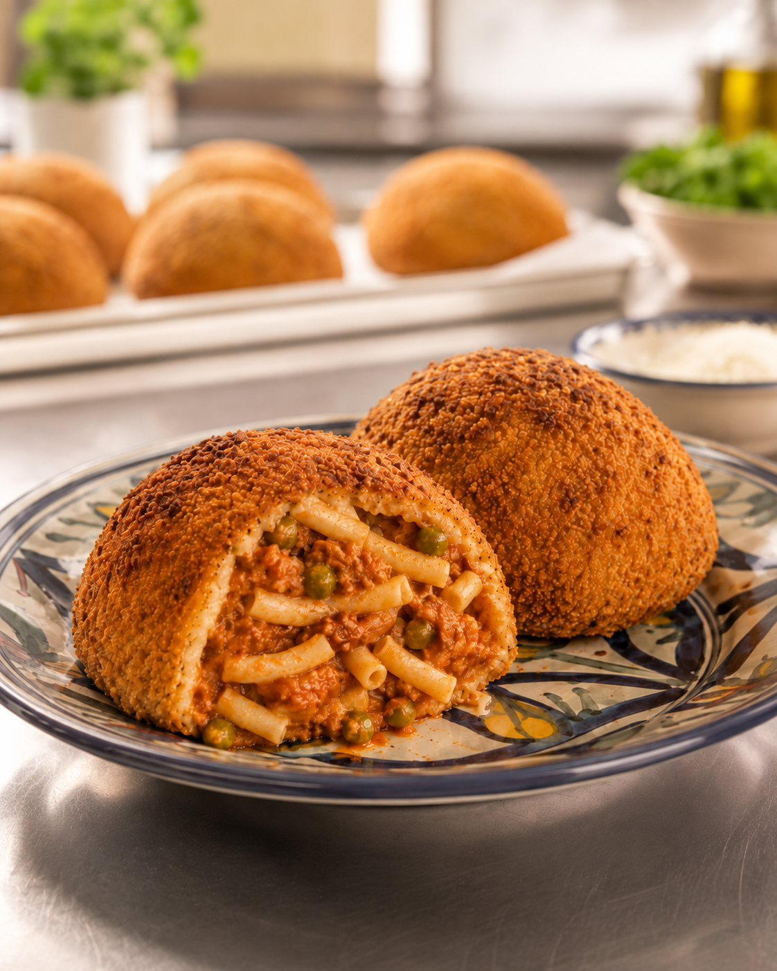 Sicilian Timballo Palermitano cut open showing bucatini with ragù and peas