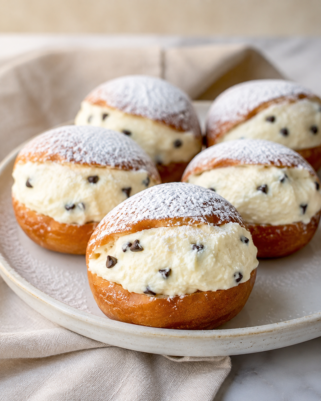 Sicilian graffe filled with ricotta cream and chocolate chips, dusted with icing sugar