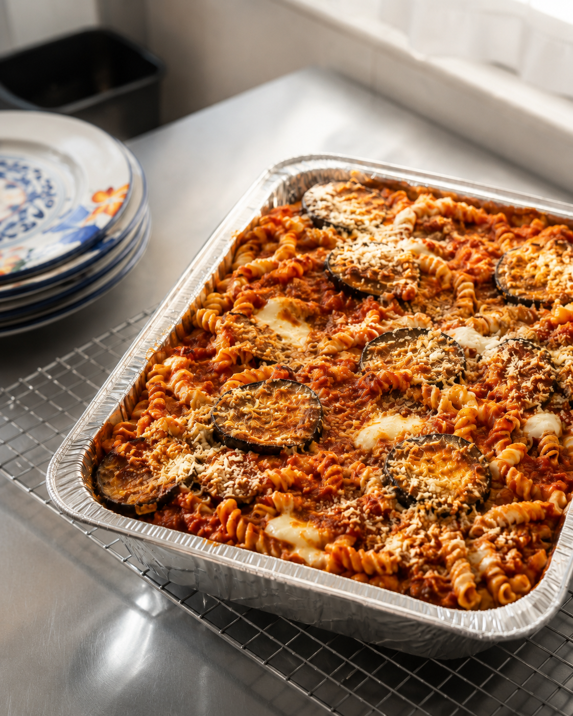 Sharing tray of Pasta al Forno Siciliana with tomato, mozzarella and aubergine