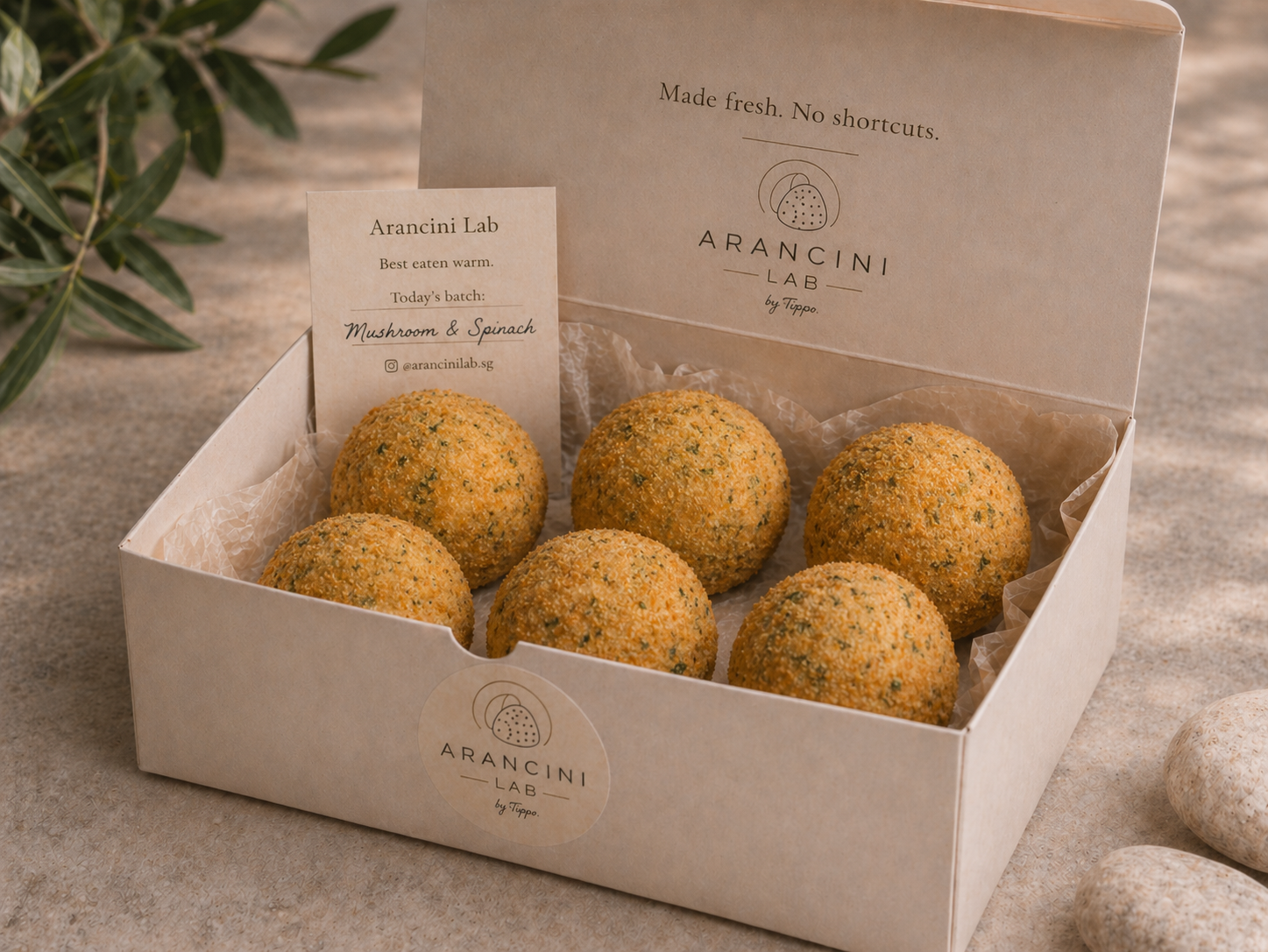 Box of round Mushroom & Spinach arancini from Arancini Lab