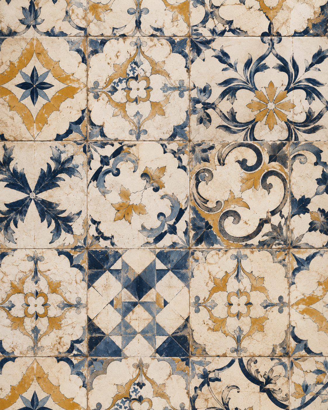 Aged Sicilian ceramic tiles in deep blue and warm ochre on a weathered cream background